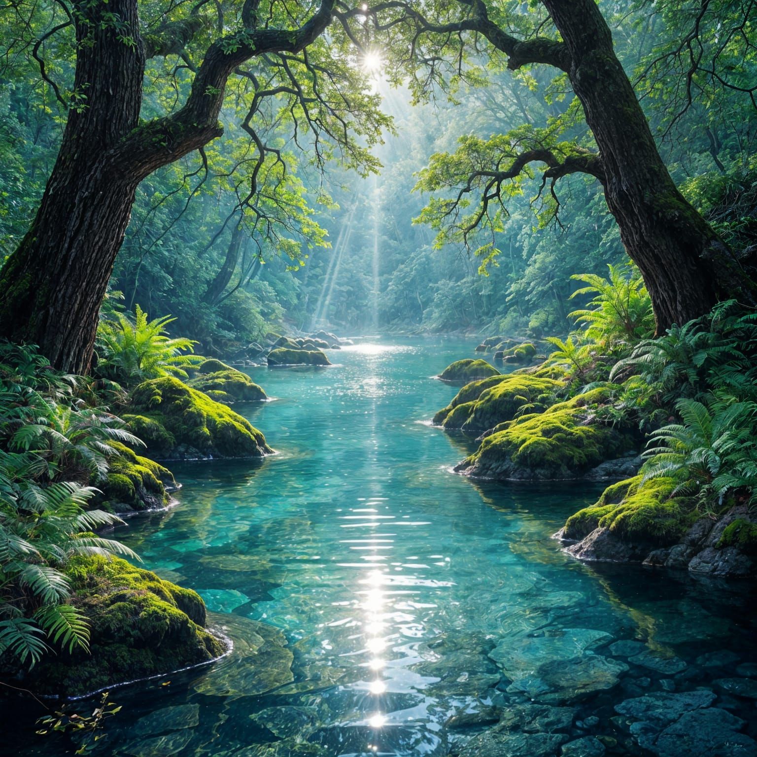 Crystal Springs With Glistening Sunlight and Mossy Rocks