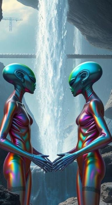 Iridescent Aliens Conversing Under Waterfall in Sci-Fi Style