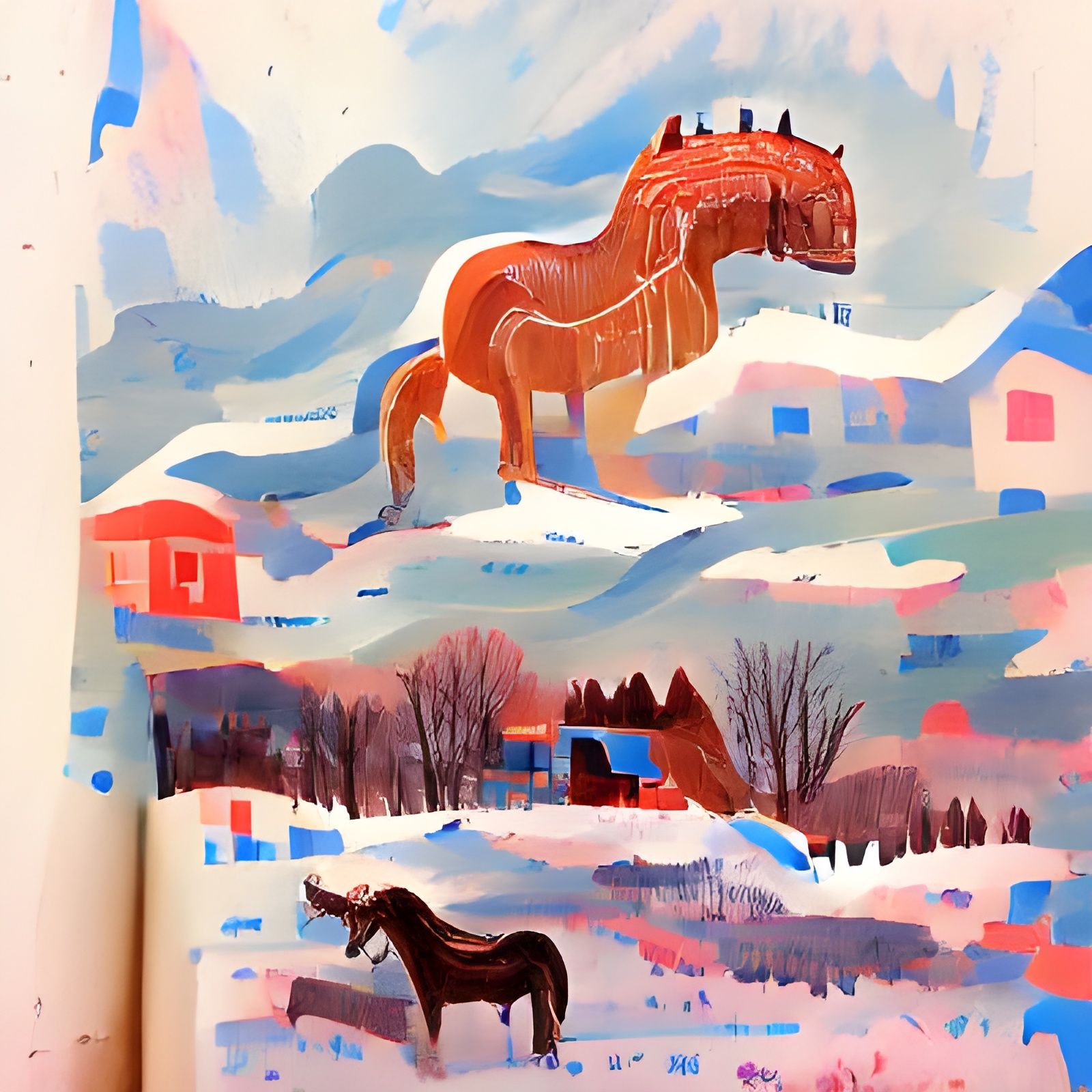Horse in Winter Country: Gouache Painting