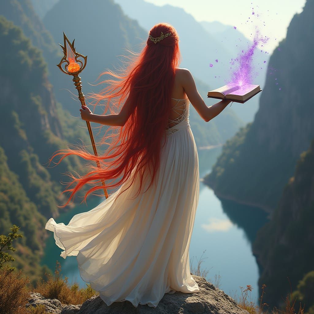 Sorceress on Mountain Overlooking Burning Lake