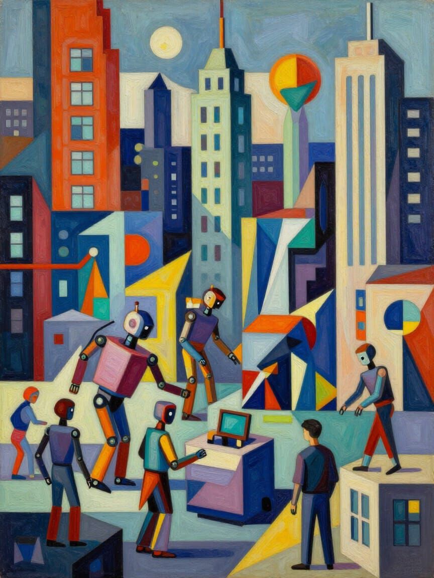 Robots Replace Workers in Neo-Cubist Cityscape
