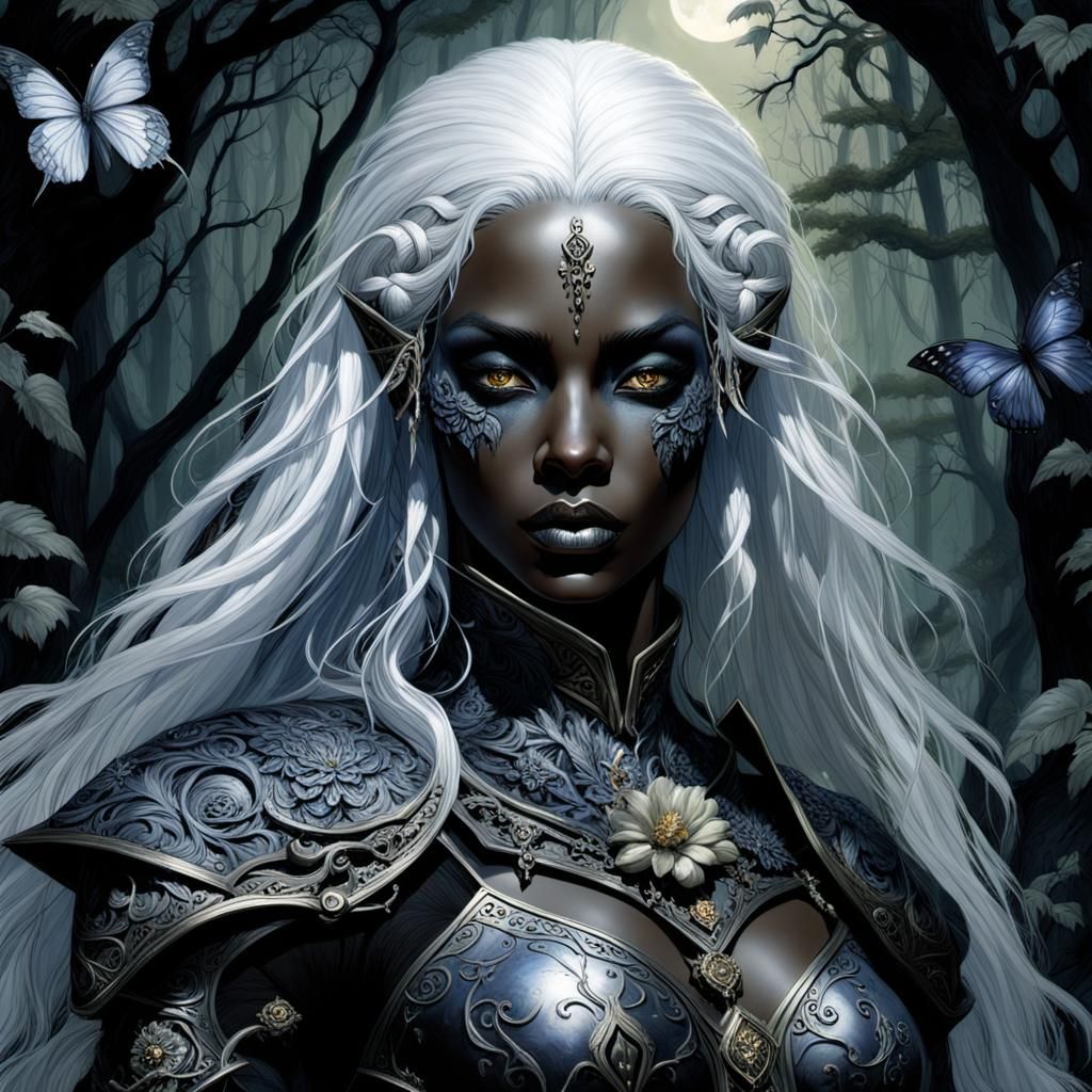 Drow Warrior in Moonlit Forest, Digital Baroque