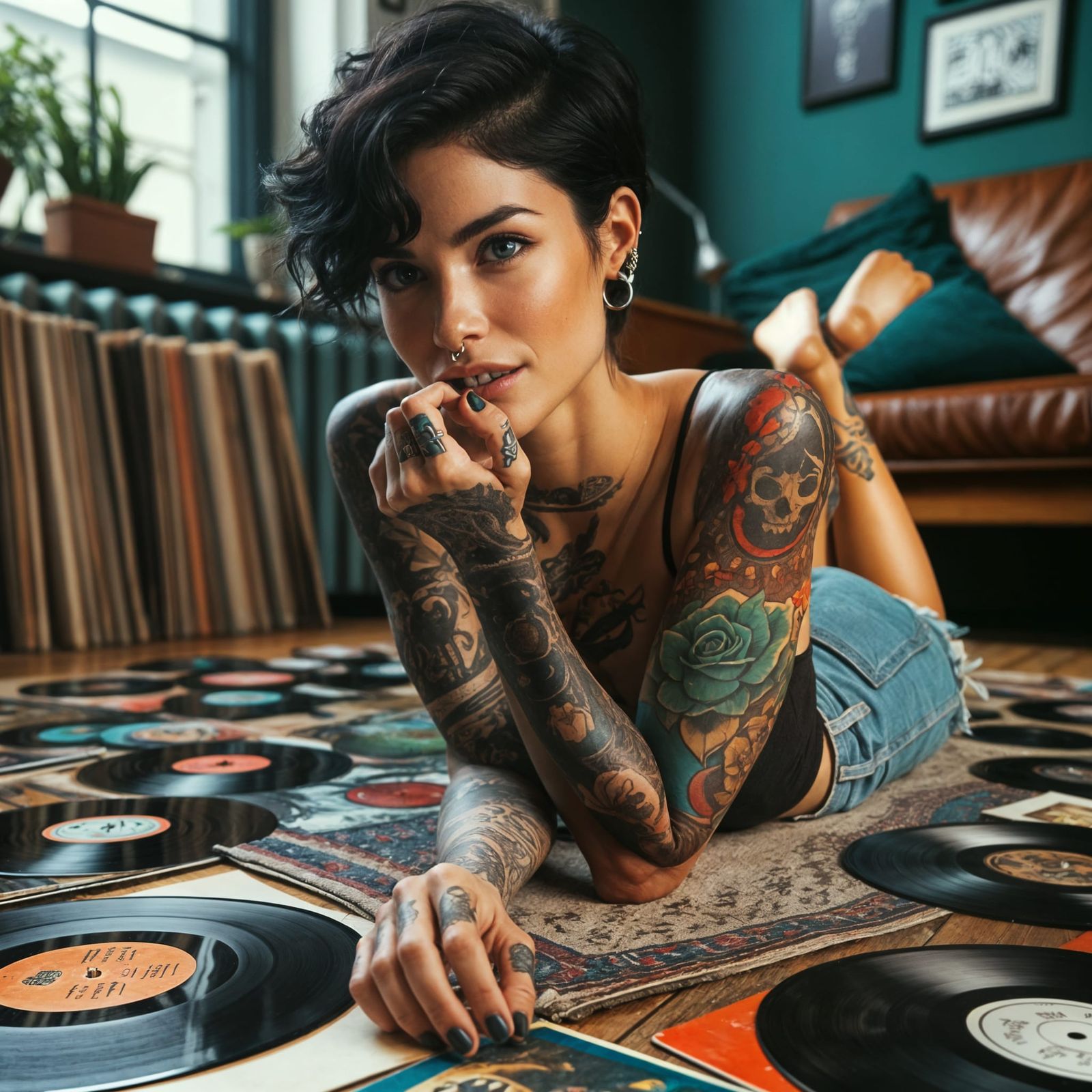 Hipster Woman Browsing Vinyl Records on Rug