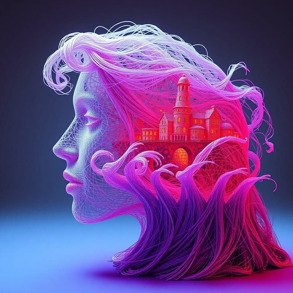 Surreal String Sculpture of a Melting Face in Neon