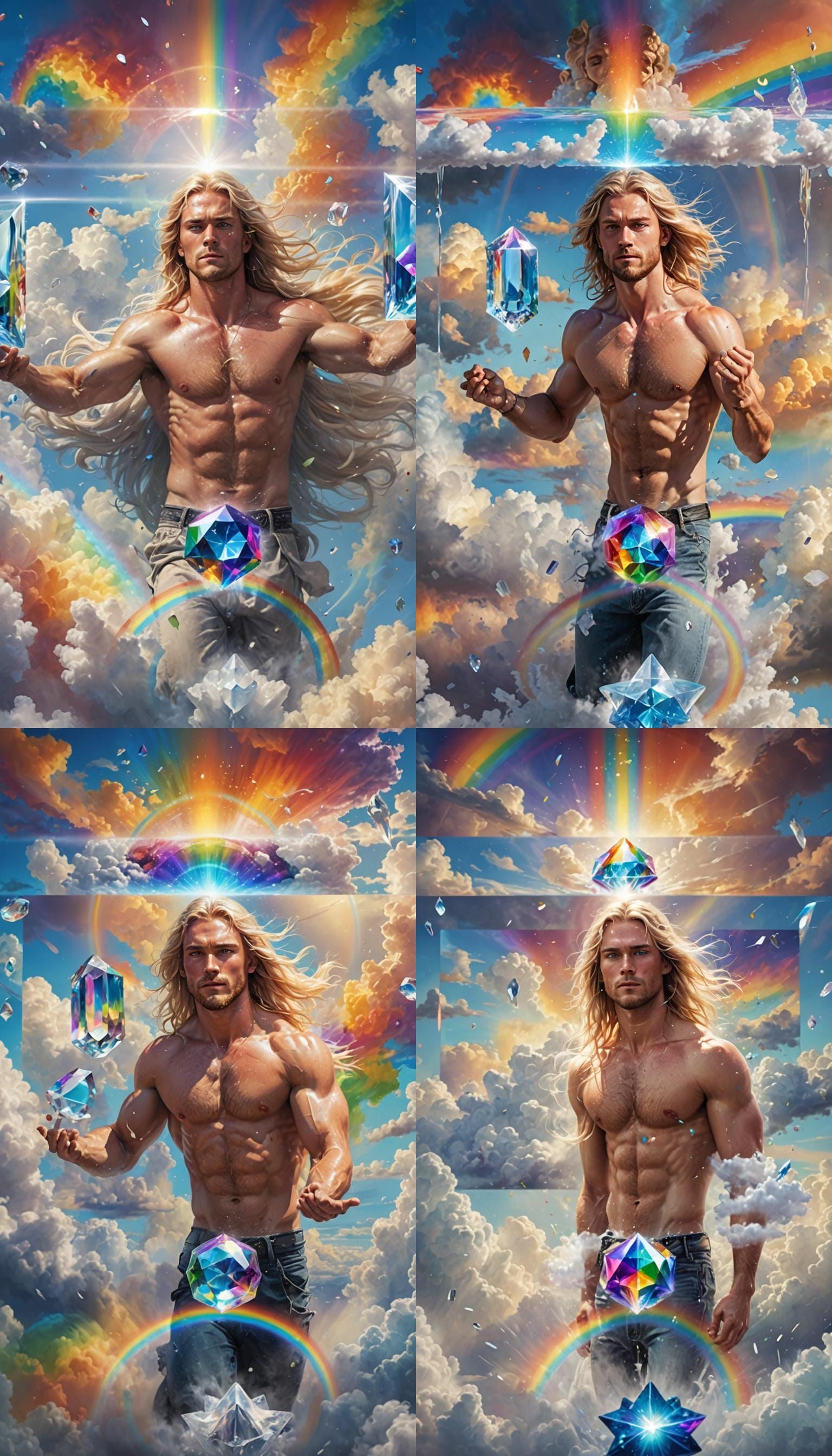 Hyperrealistic Man Levitates Rainbow Crystal in Clouds