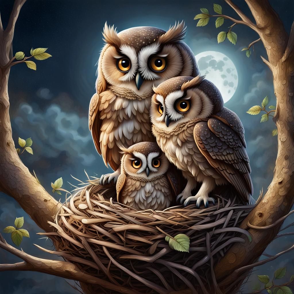 Owls on a Nest in Fantasy Art Style