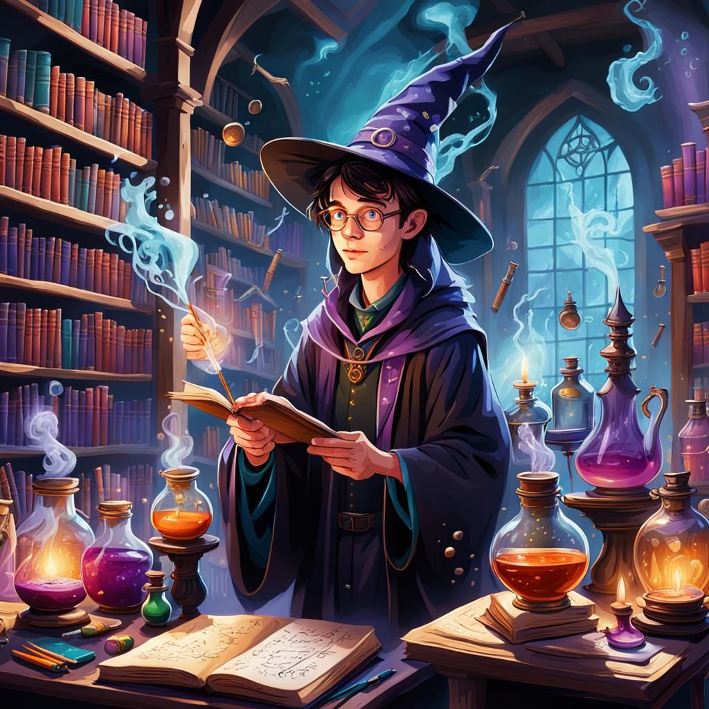 Magical Library: Young Wizards Practicing Spells