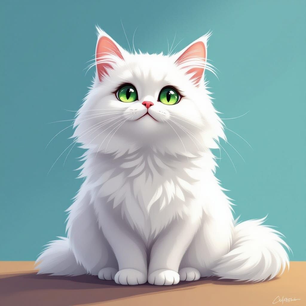 Regal White Persian Cat in Serene Manga-Inspired Scene
