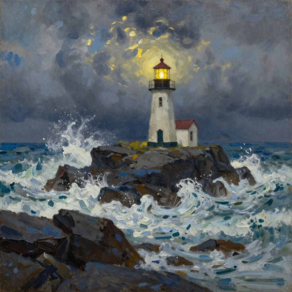 Lighthouse Keeper Tends Lamp Amidst Stormy Seas