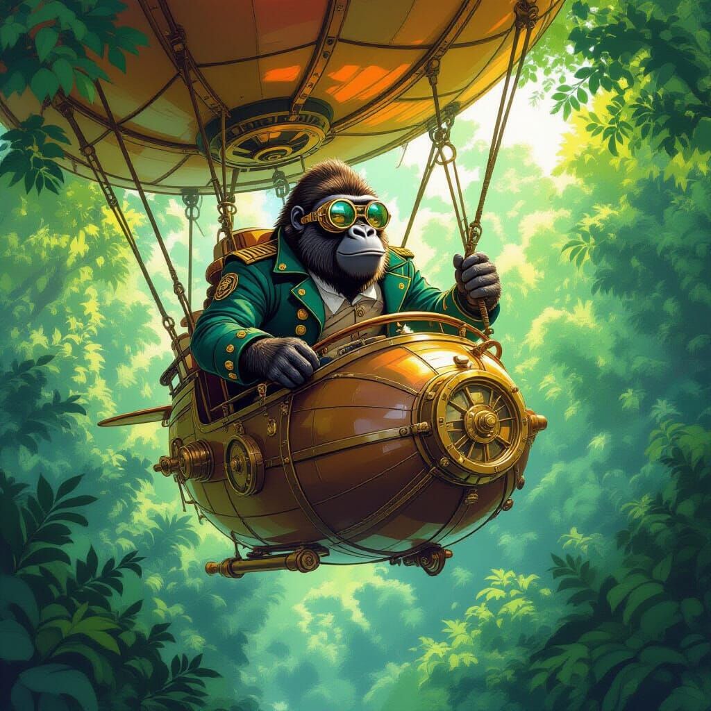 Steampunk Gorilla Airship Captain in Enchanted Forest