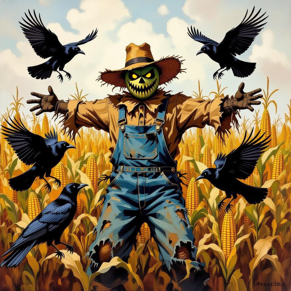Scarecrow Battles Crows in Neglected Field, Benton Style