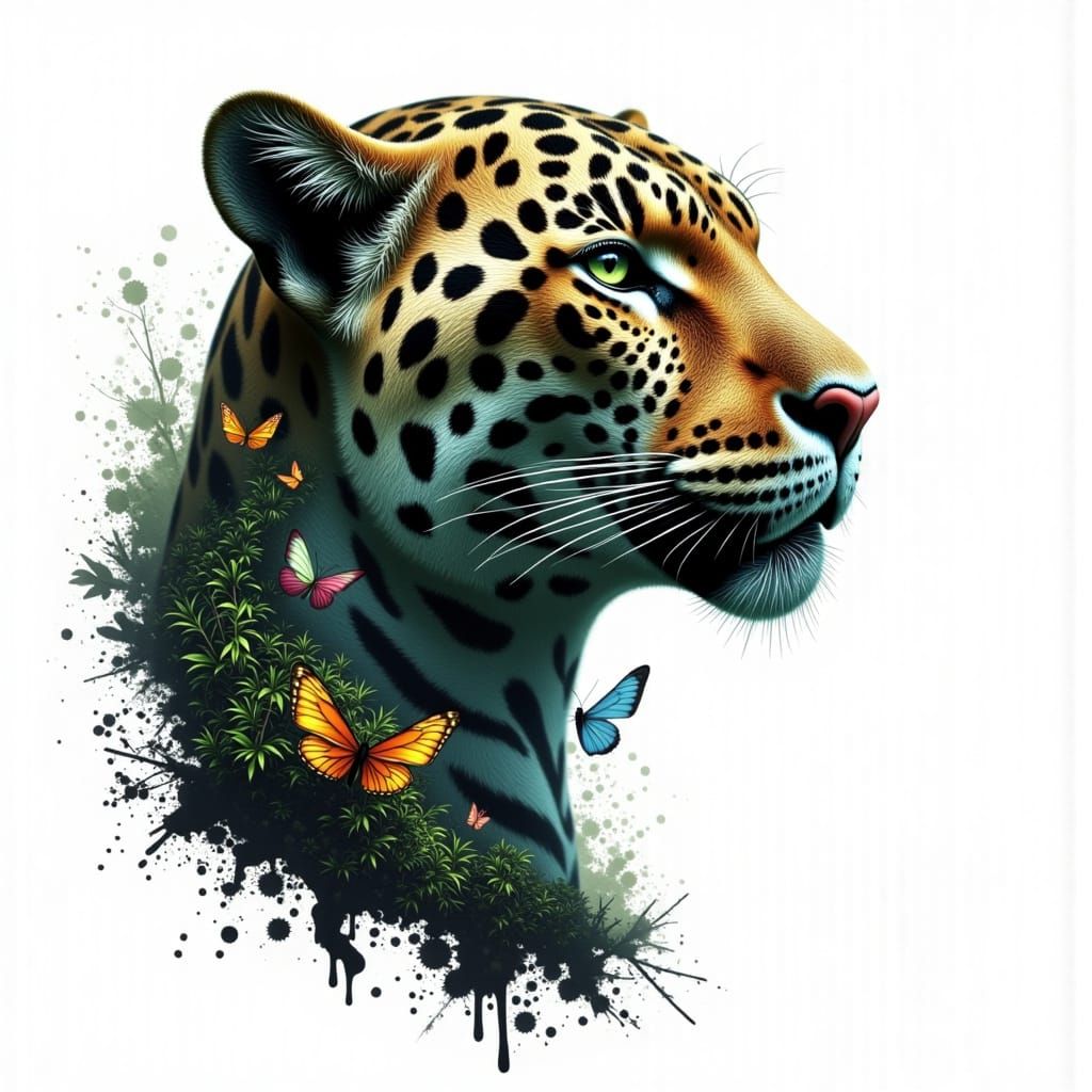 Jaguar and Butterflies Double Exposure in Jungle Style