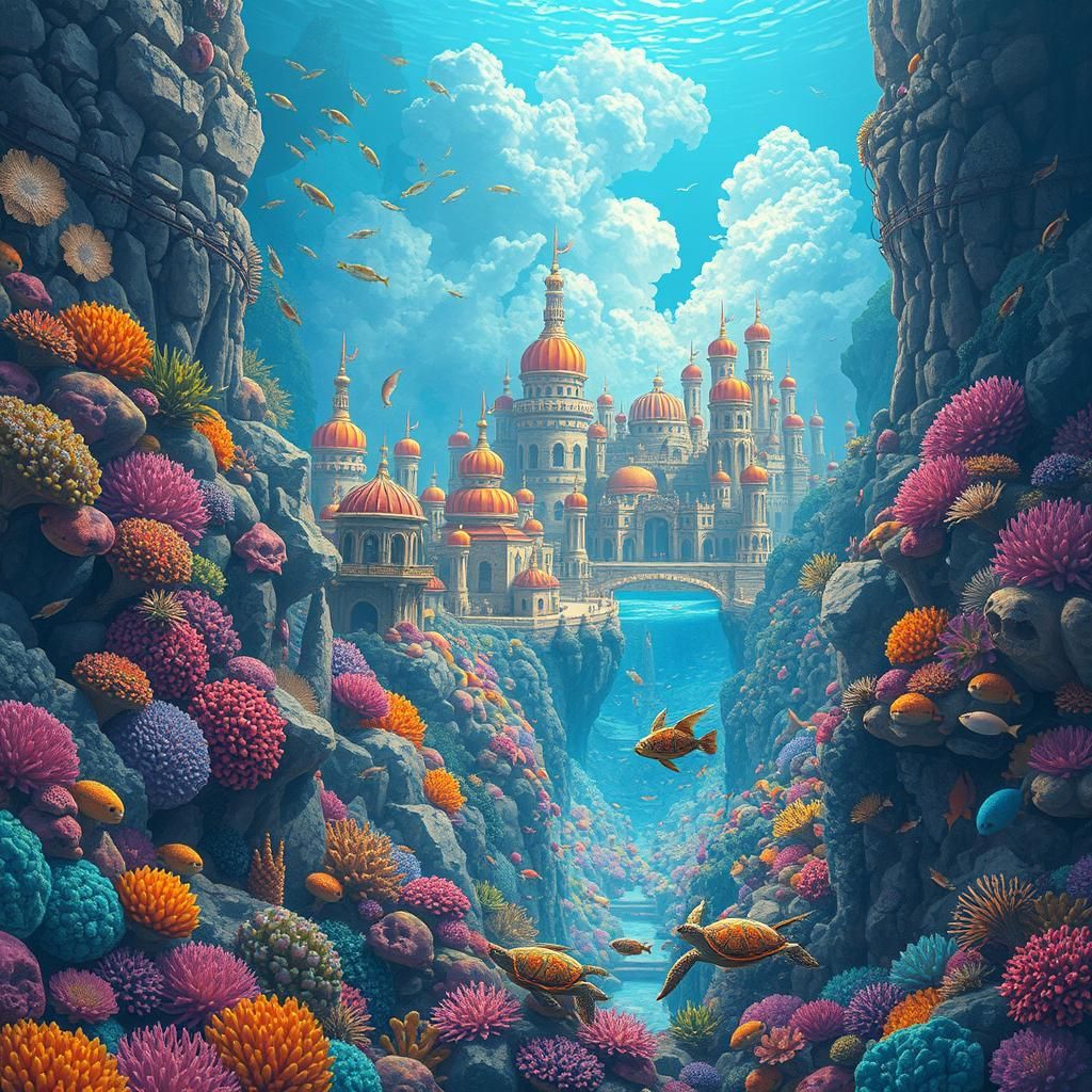 Atlantis Metropolis with Merfolk in Dreamlike Style