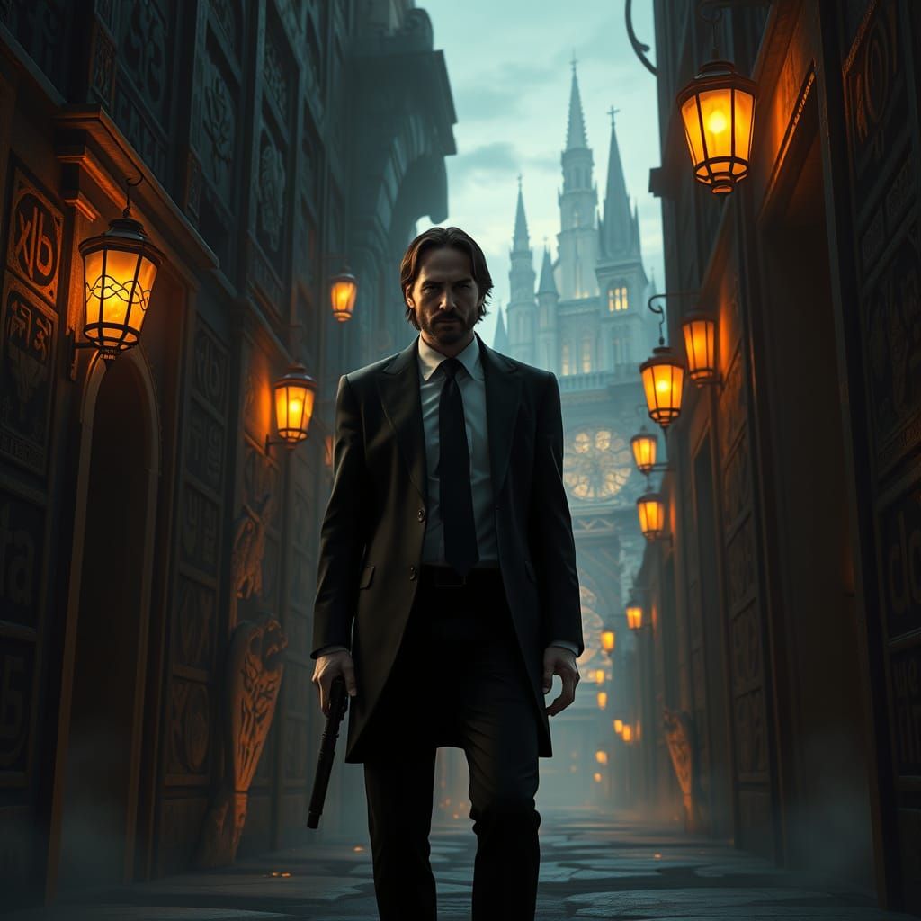 Mysterious John Wick Stands Amidst Ancient Cityscape