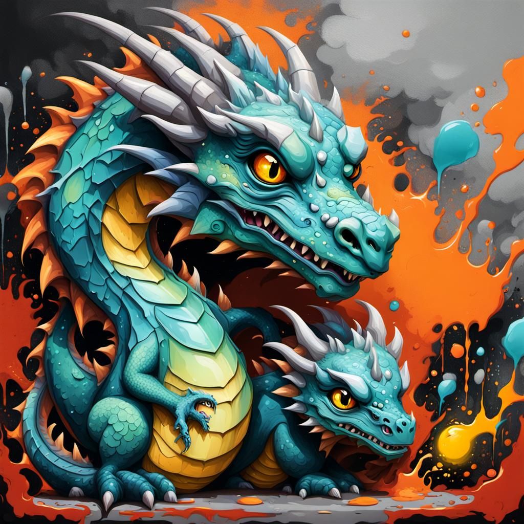 Colorful Mother and Baby Dragon Graffiti Art