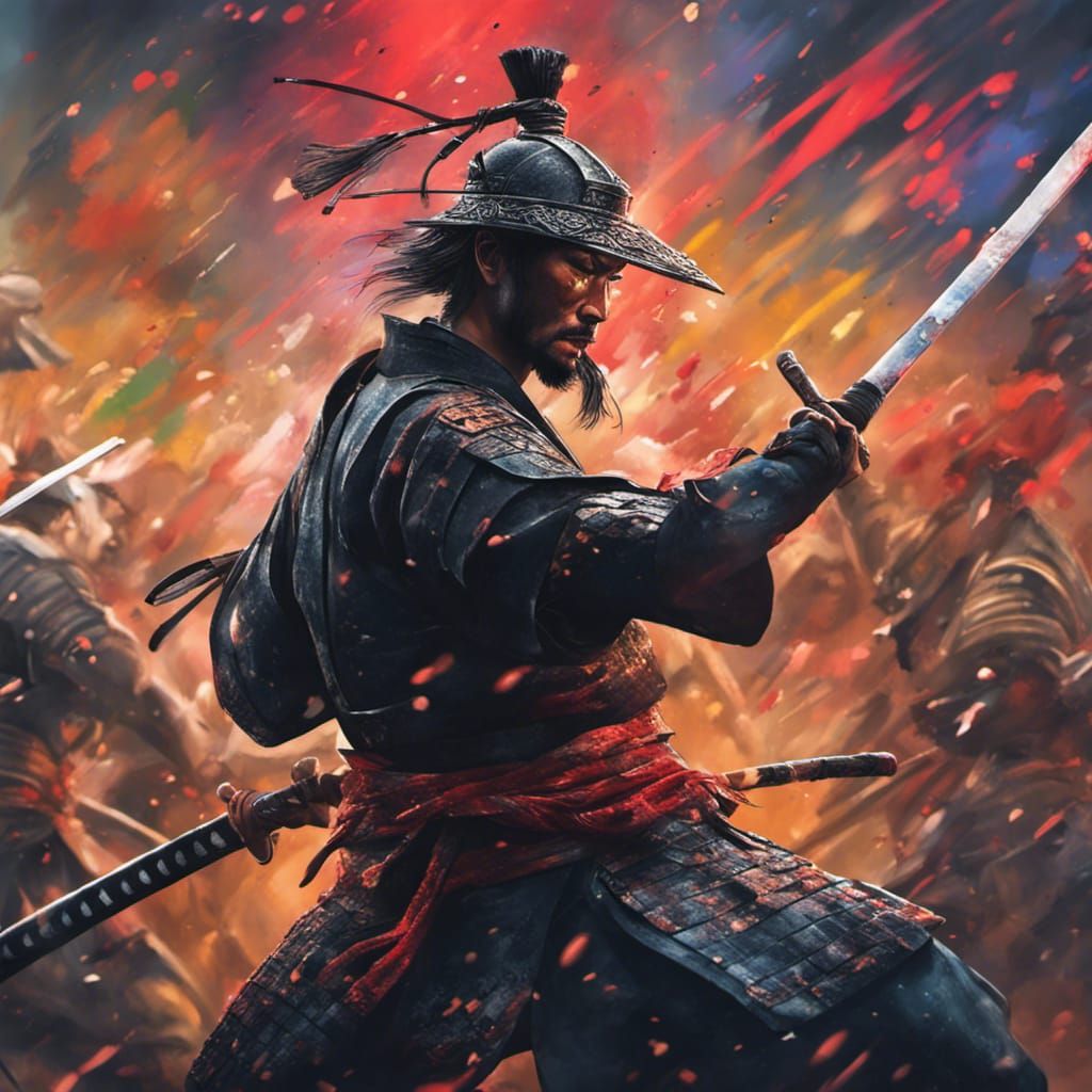 Hyperrealistic Samurai Battle in Splash Art Style