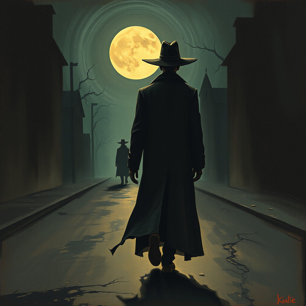 Ominous Figure on Moonlit Street in Surreal Style