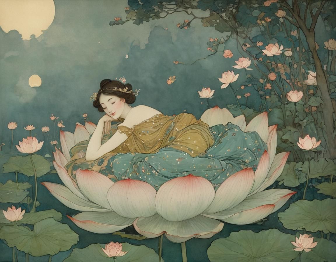 Fairy Sleeping in a Lotus Blossom Illustration