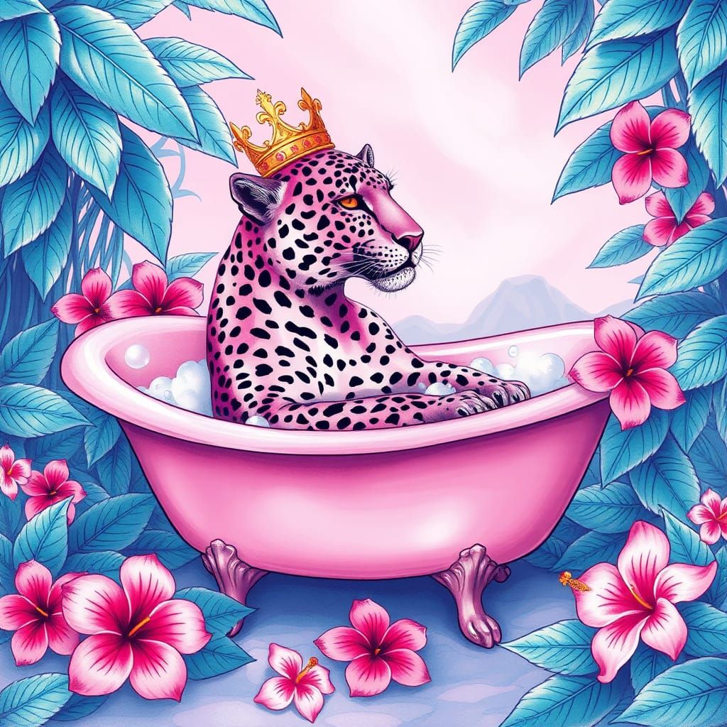 Pink Leopard in Jungle Bathtub, Pastel Drawing