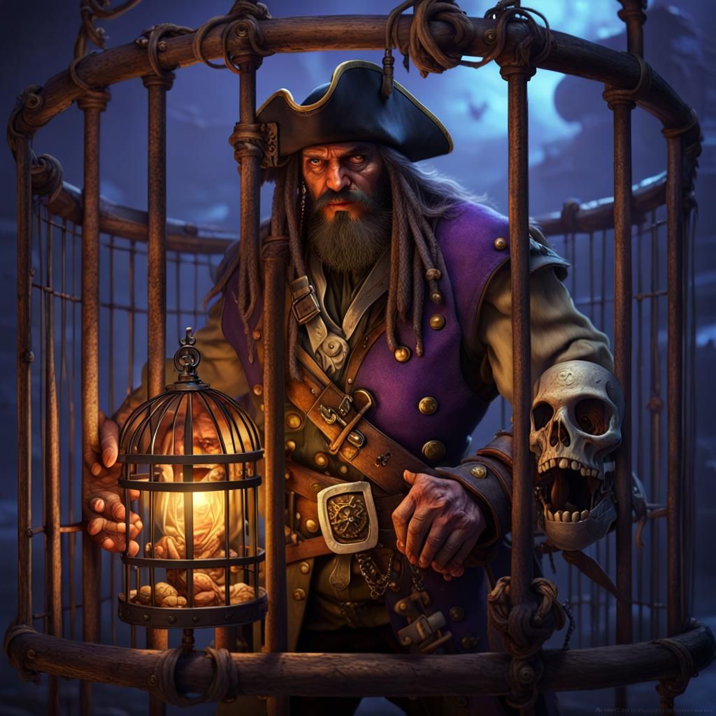 Pirate Holding Caged Troll in Dark Fantasy Style