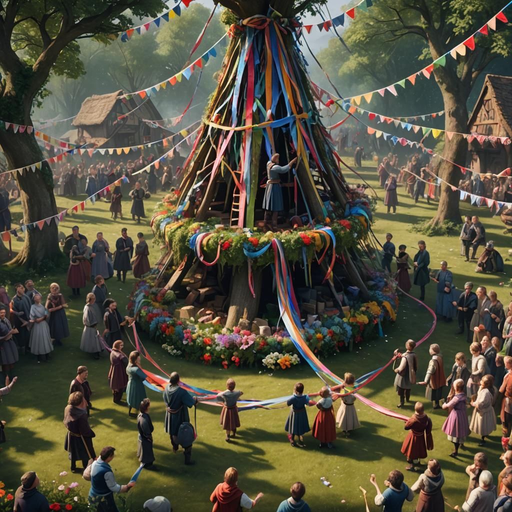 Beltane Celebration: Maypole Ritual in Matte Painting Style
