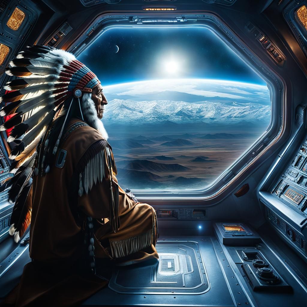 Native American Chief in Spaceship, Hyperrealistic Image