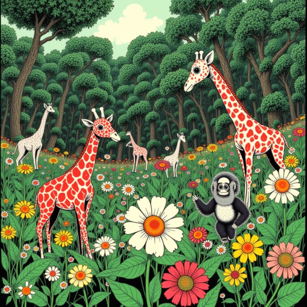 Exotic Animals in a Vibrant Geometric Zoo Garden