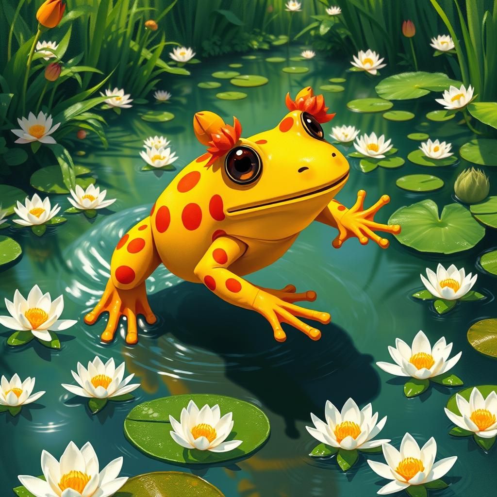 Frog with Water Lilies in Surreal Style