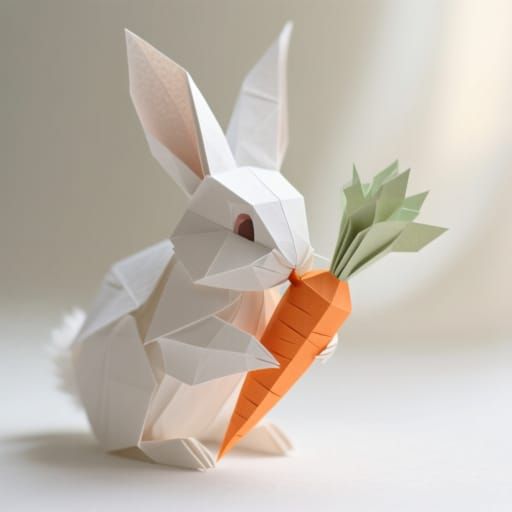 Origami Rabbit Nibbling Paper Carrot in Soft Light