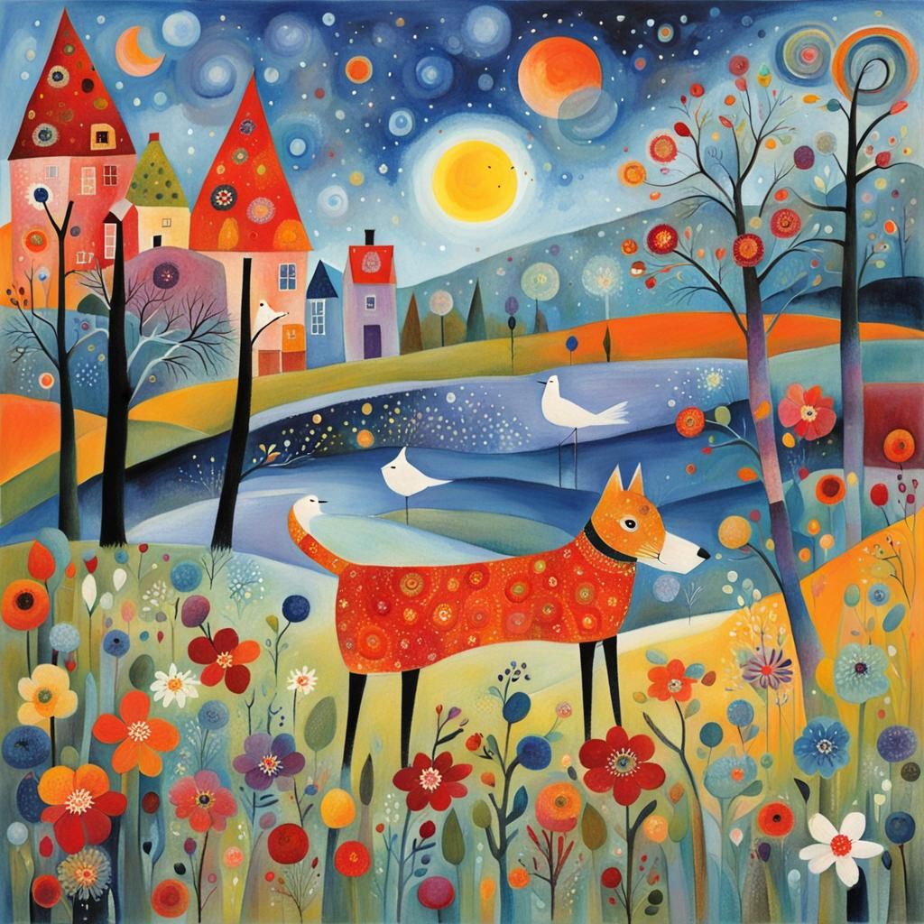 Enchanting Folk Art Illustration in Mixed Media Style