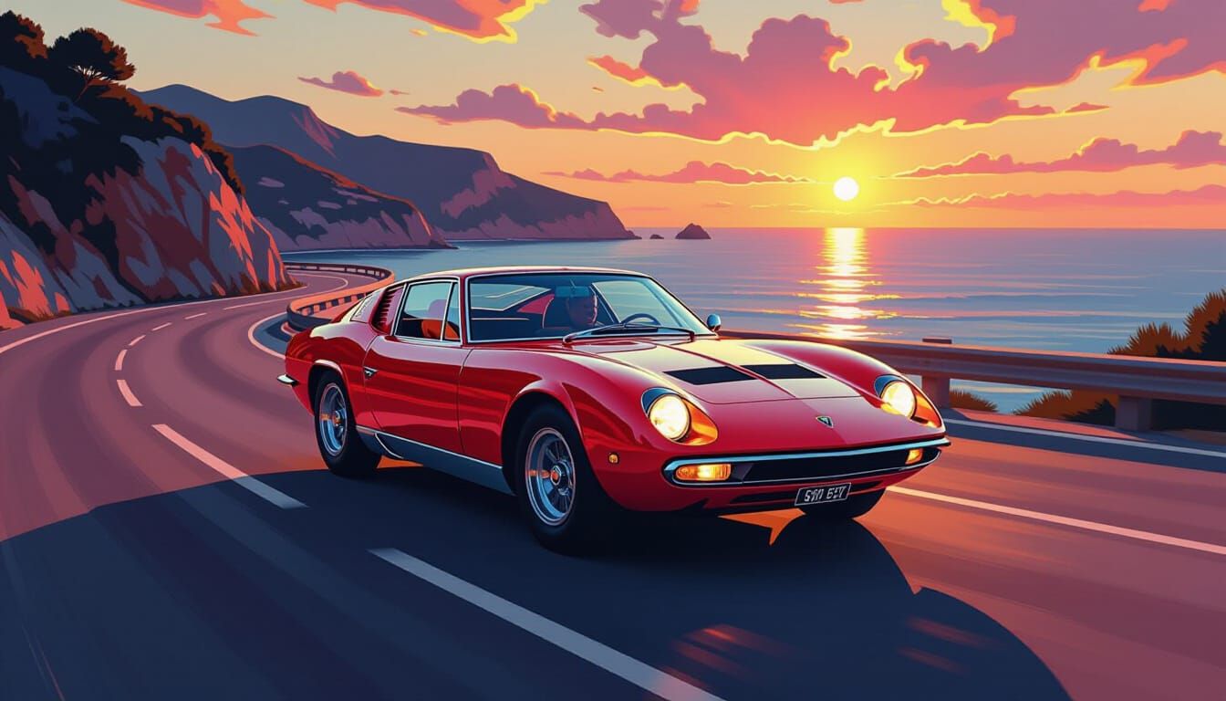 Lamborghini Islero GTS on Coastal Road, Neo-Impressionism