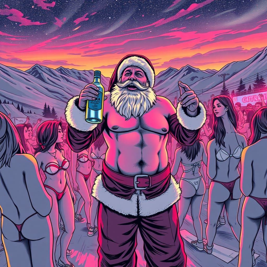 Santa at Après Ski Party: Black and White Line Drawing