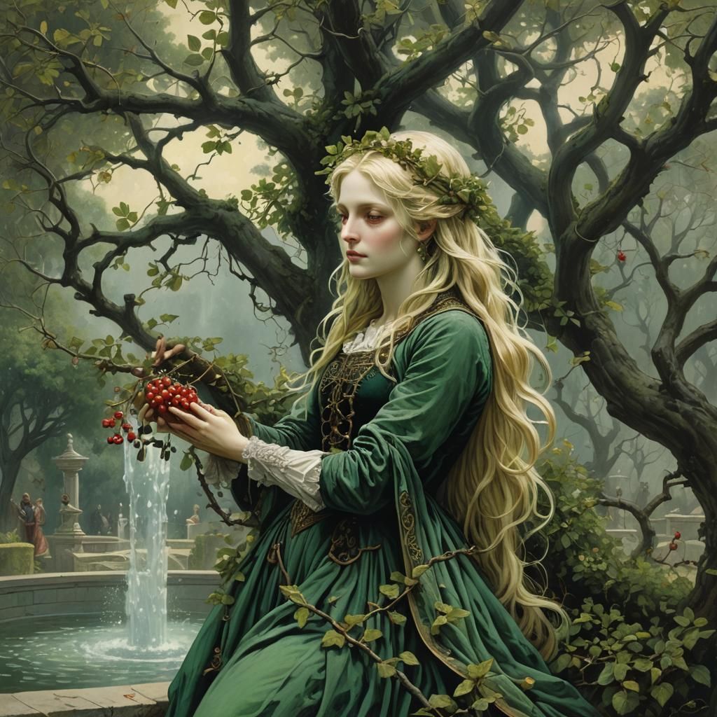 Entwined: Blonde and Green Hair in Berry Tree