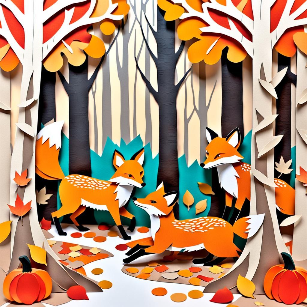 Playful Foxes in Collage Paper Art Forest