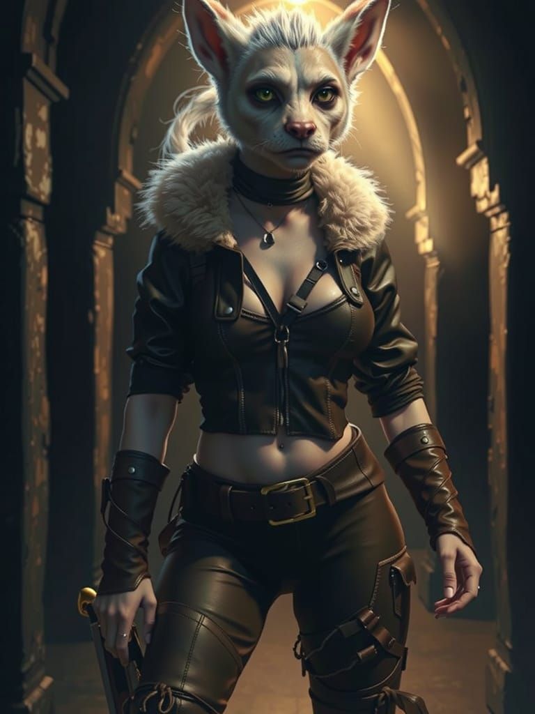 Sleek Furry Gnoll Adventurer in Shadows, Oil Painting Style