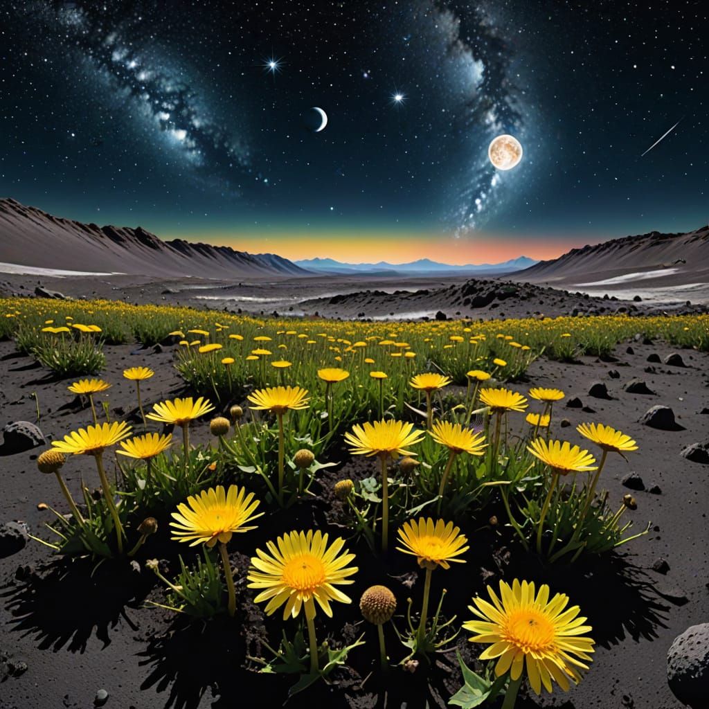 Dandelions Bloom on the Moon in Realistic Photo