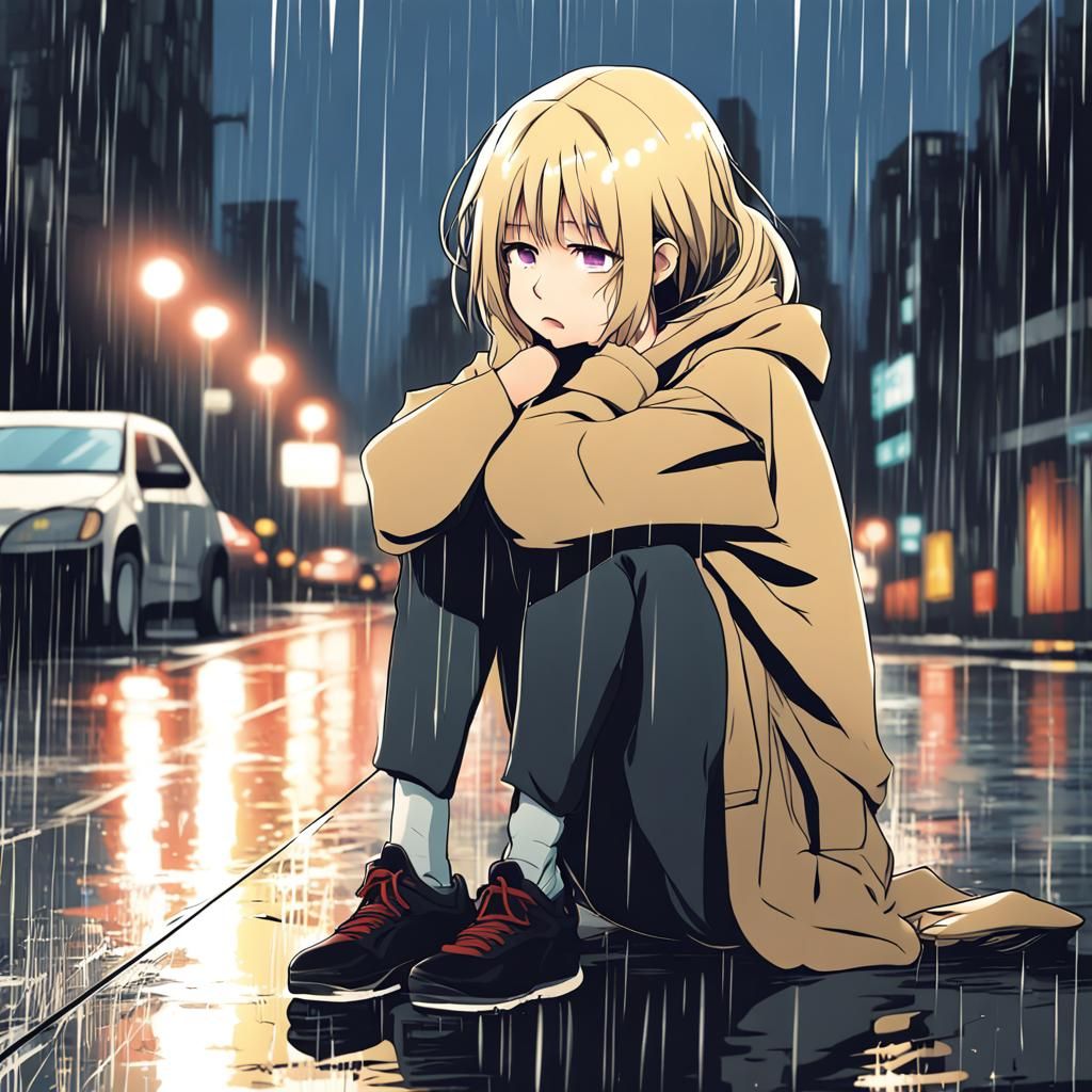 Sad Girl Crying in Rainy City Street, Anime Style