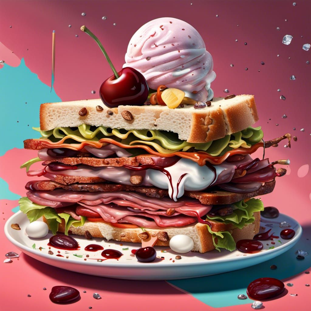 Hyperrealistic Sandwich Topped with Ice Cream and Cherries
