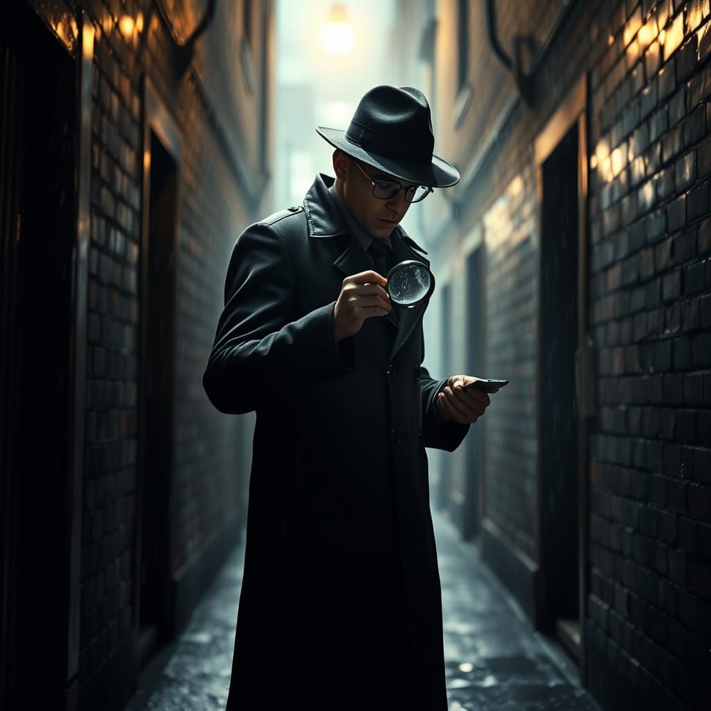 Young Detective in Rainy Alleyway, Film Noir Style