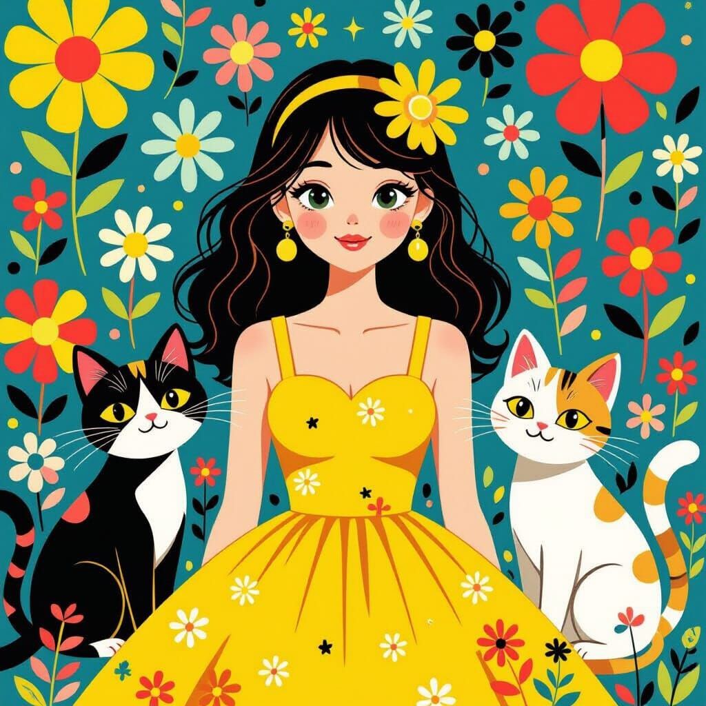 Whimsical World with Cats and Yellow Sundress