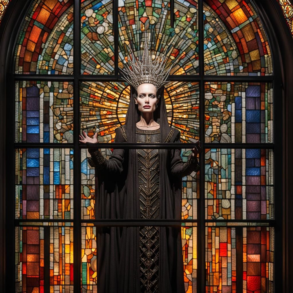 Stained-Glass Pinhead Rising From Flames, Dark Fantasy Art