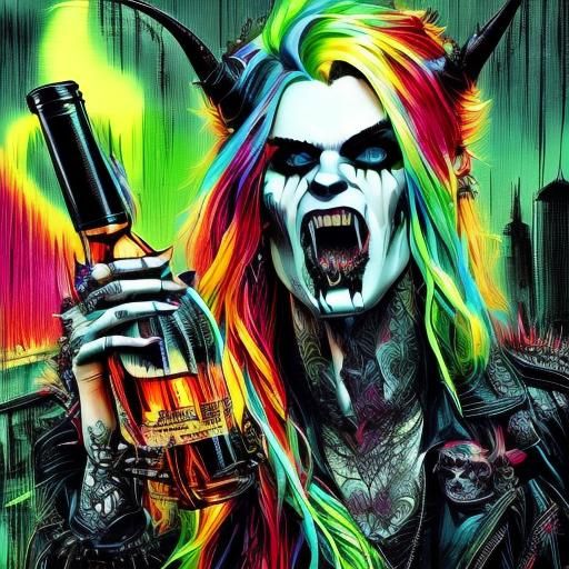 Punk Demon with Vodka in Dark Fantasy Style