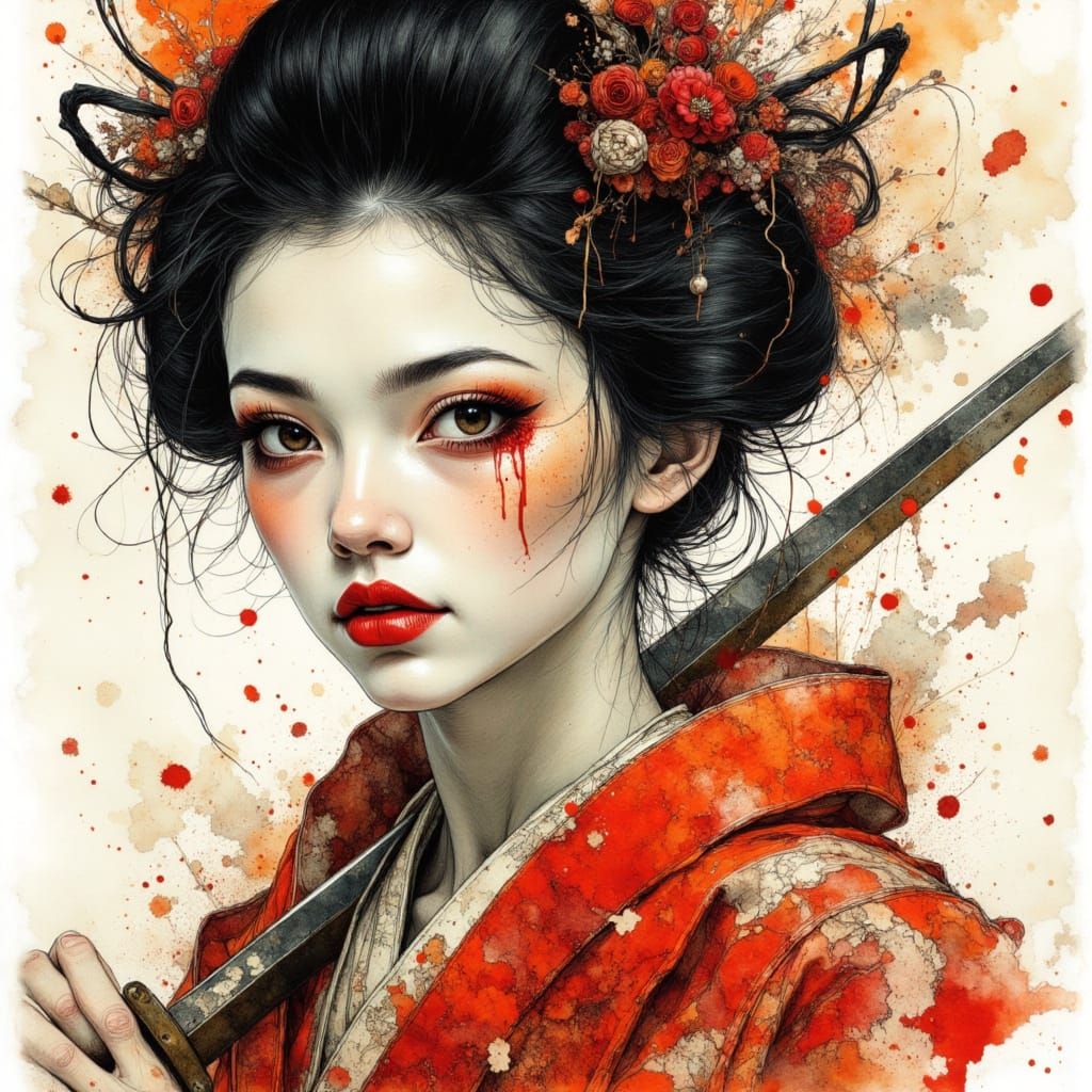 Geisha Warrior with Katana in Ink Drawing Style