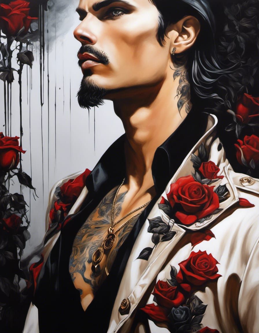 Gothic Portrait of a Man with Roses and Tattoos