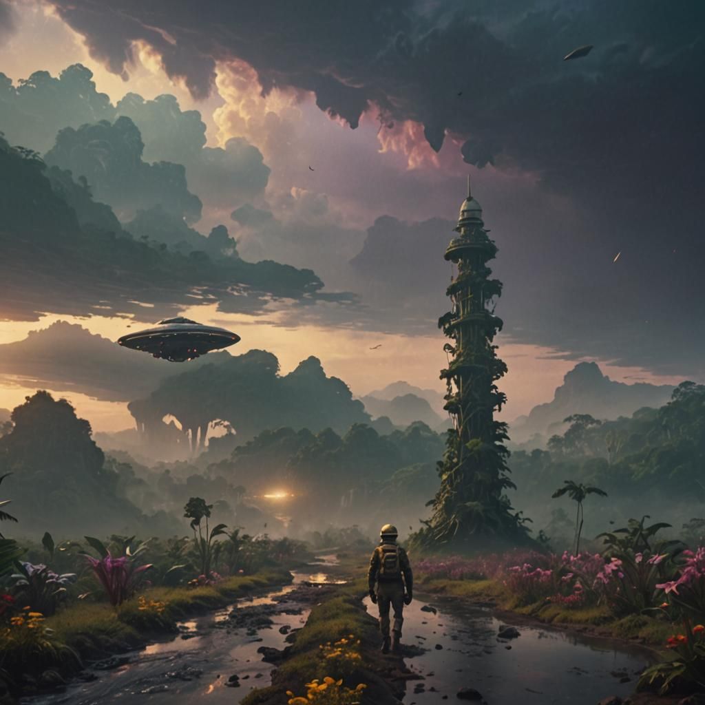 Alien Jungle Landscape with Spaceship: Cinematic Film Still