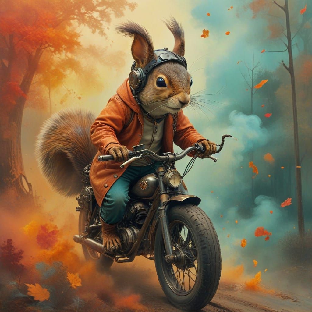 Surreal Steampunk Squirrel Rides a Colorful Motorcycle Amids...