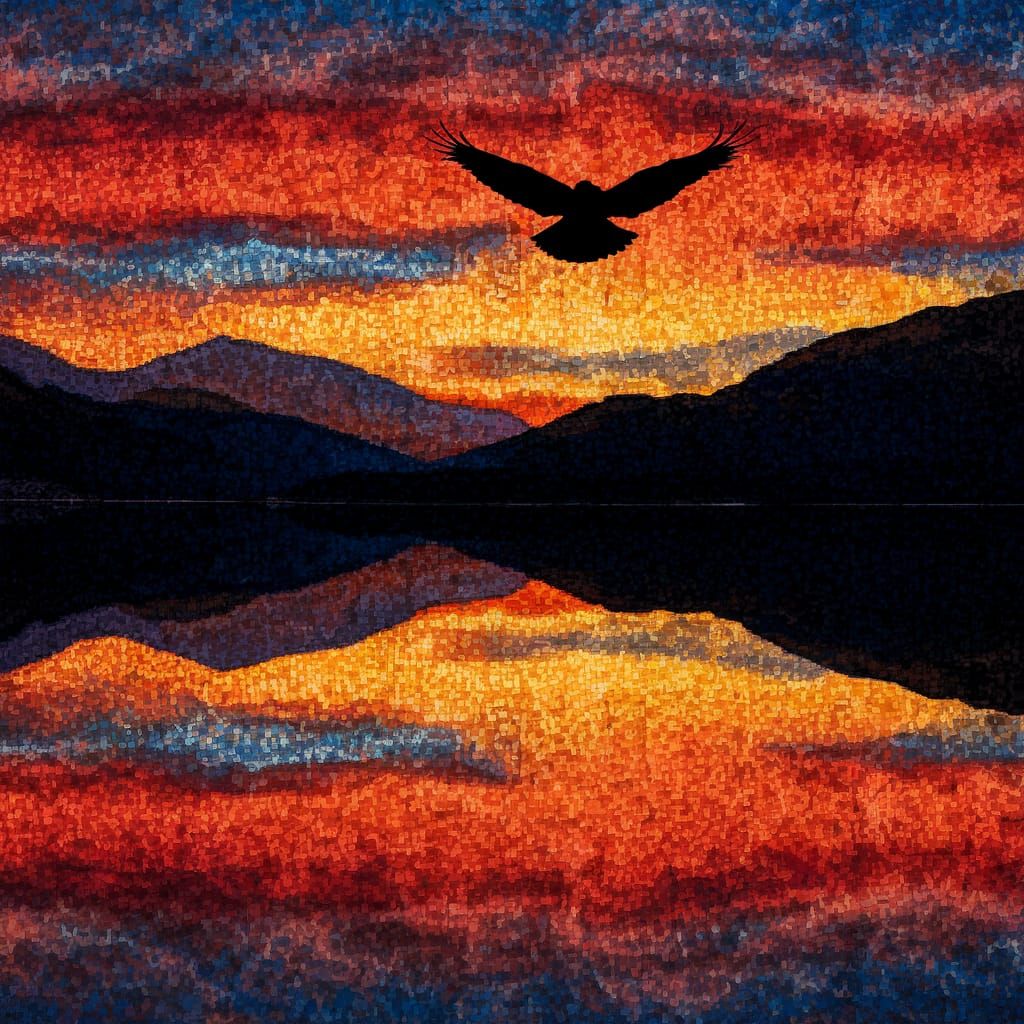 Raven Silhouetted in Sunset Flight over Vibrant Valley Lands...