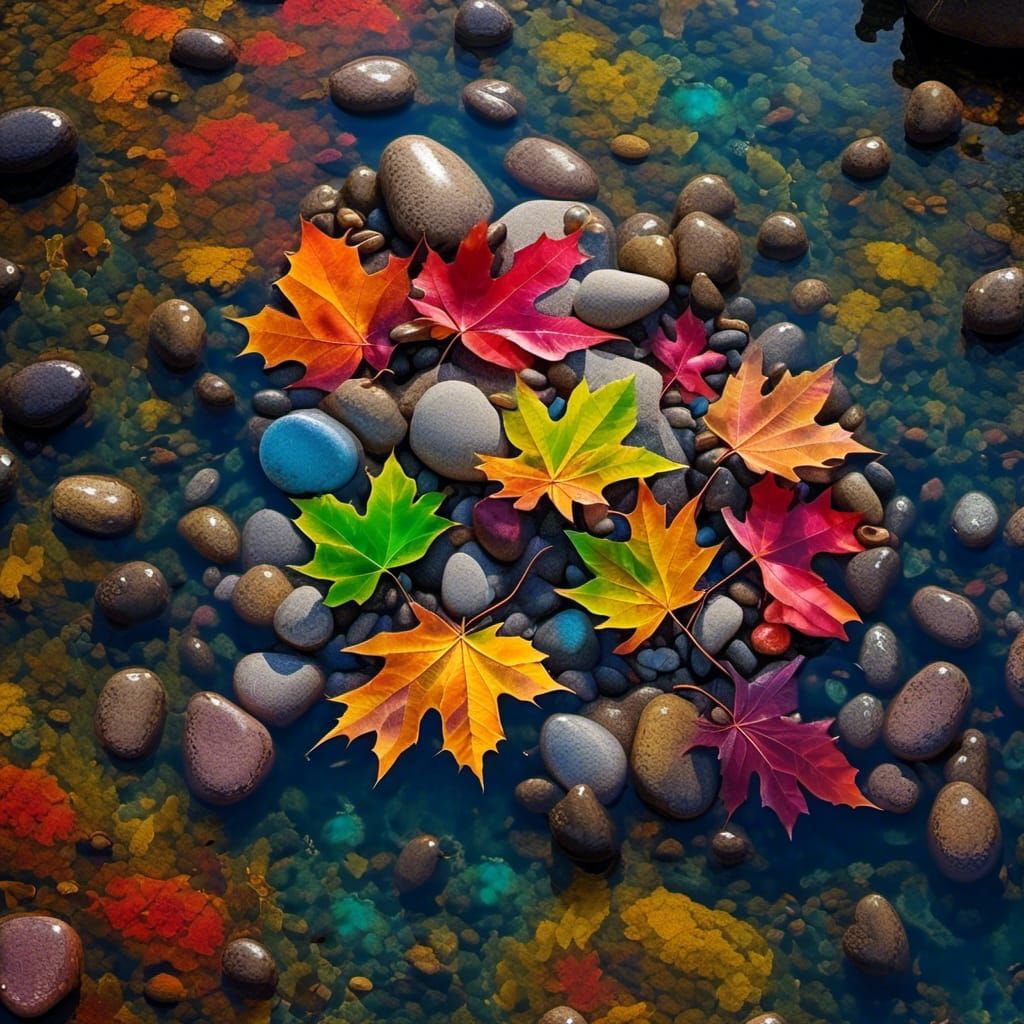 <lora:liquid:1.0> a leaf is sitting on the rocks in the wate...