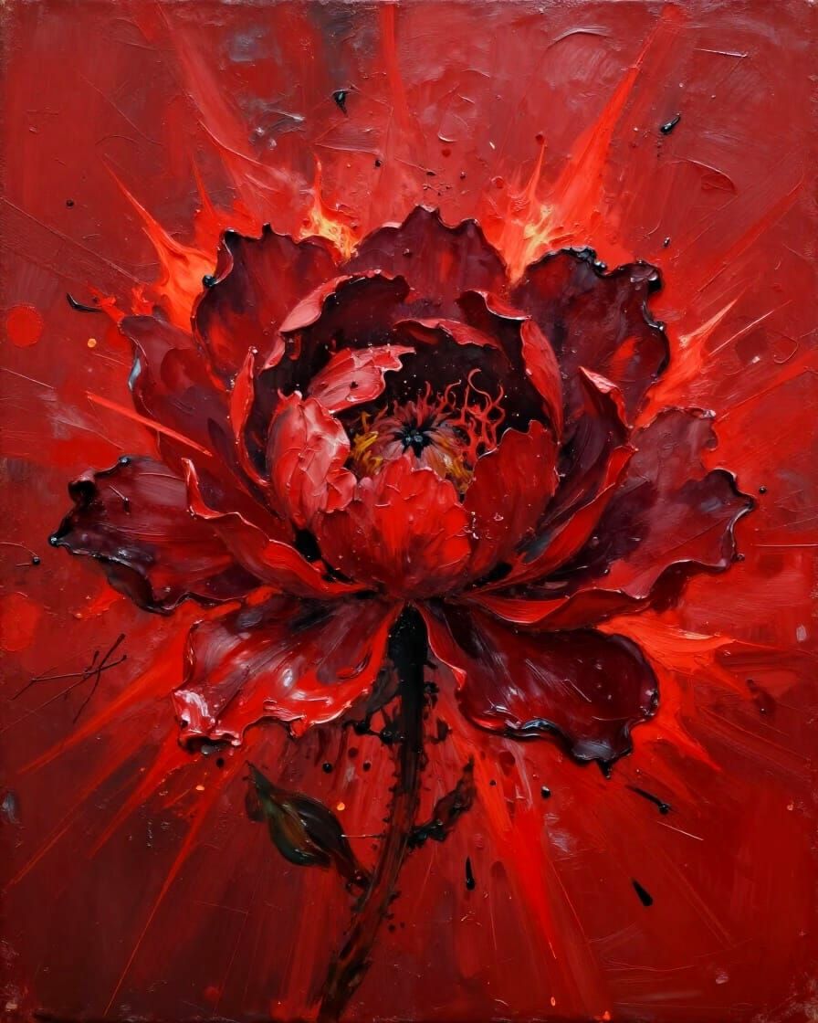 Abstract Flower Explodes in Violent Red Expressionist Art