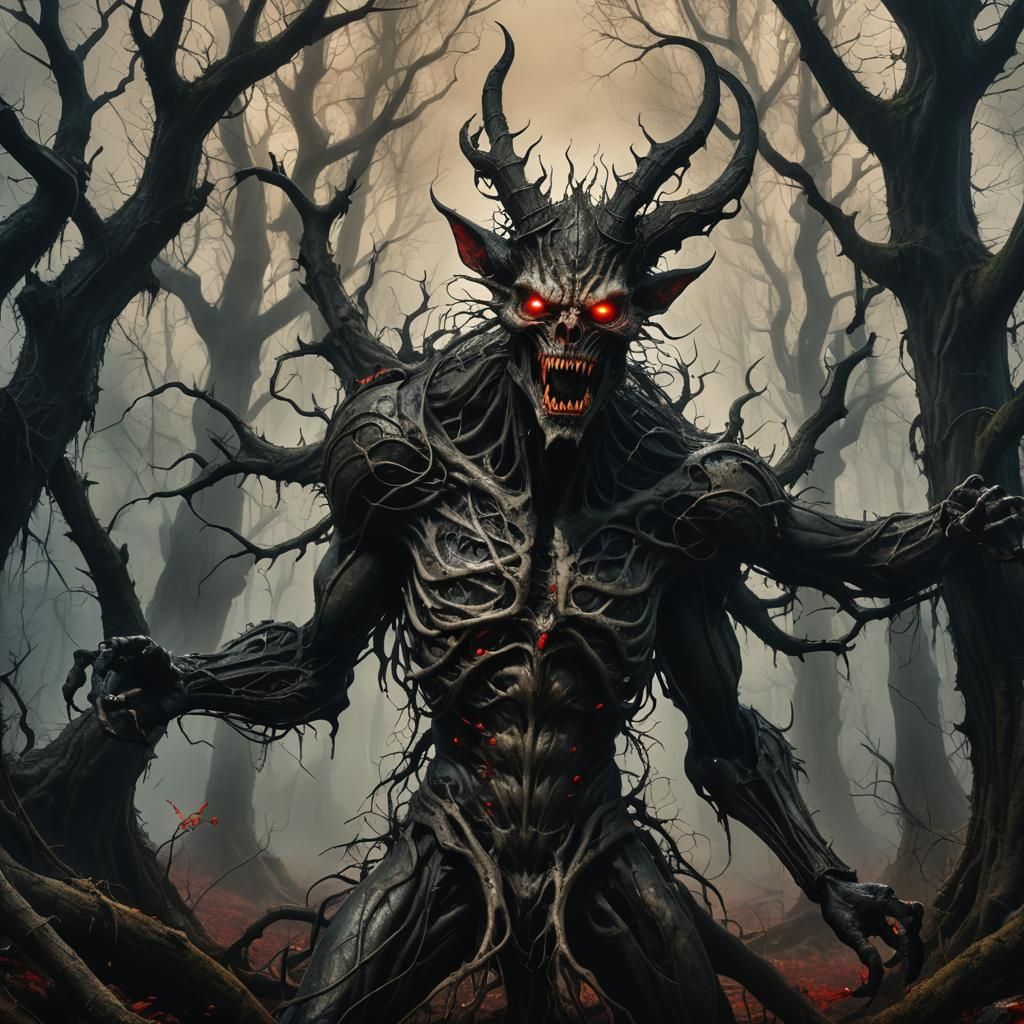 Grotesque Horned Creature in Dark Fantasy Forest